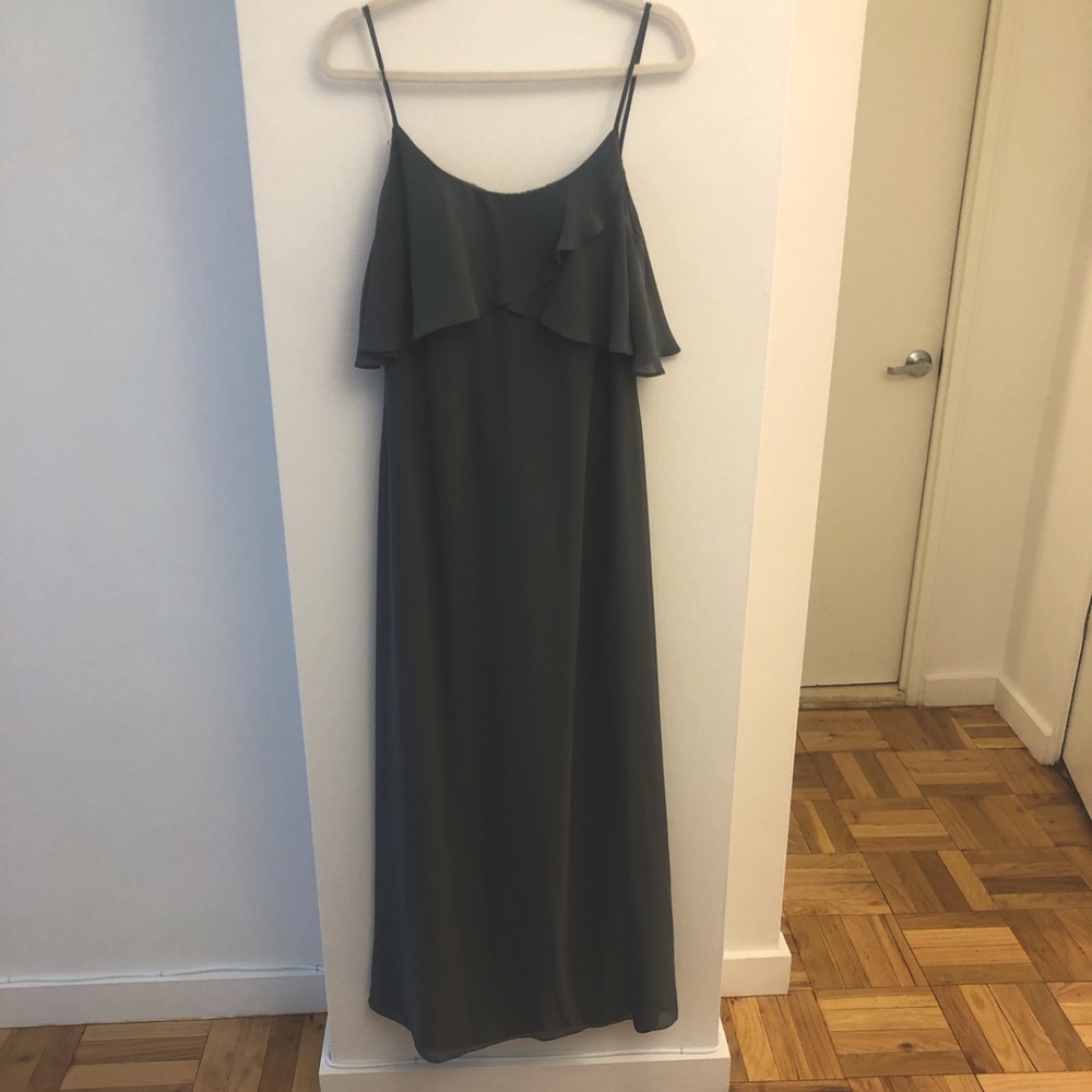 W too by Watters Pewter chiffon gown with flounced overlay